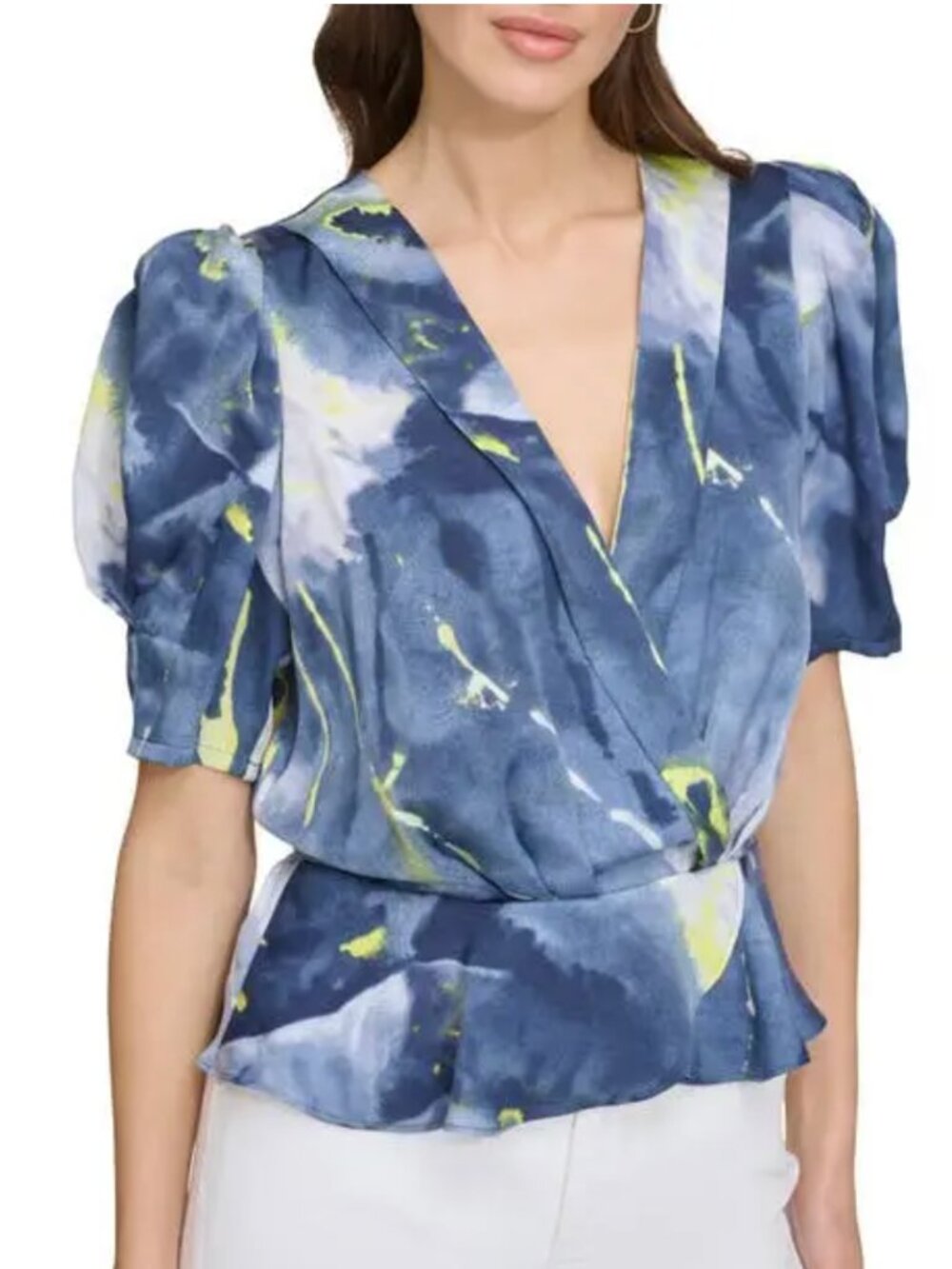 DKNY Print Puff Sleeve Peplum Top – Size L – NWOT (Never Worn)